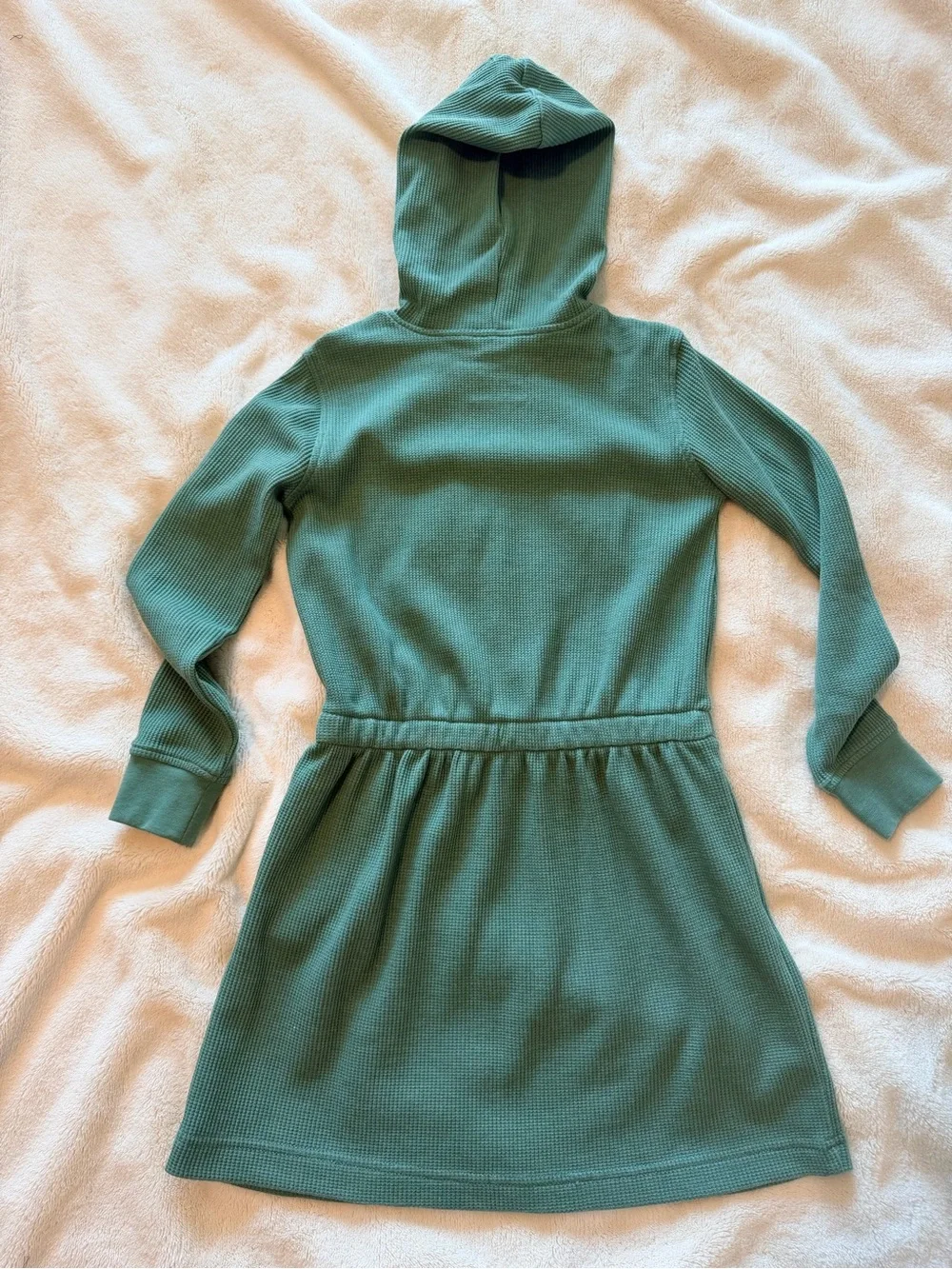 Primary Green Hooded Waffle-Knit Dress with Drawstring